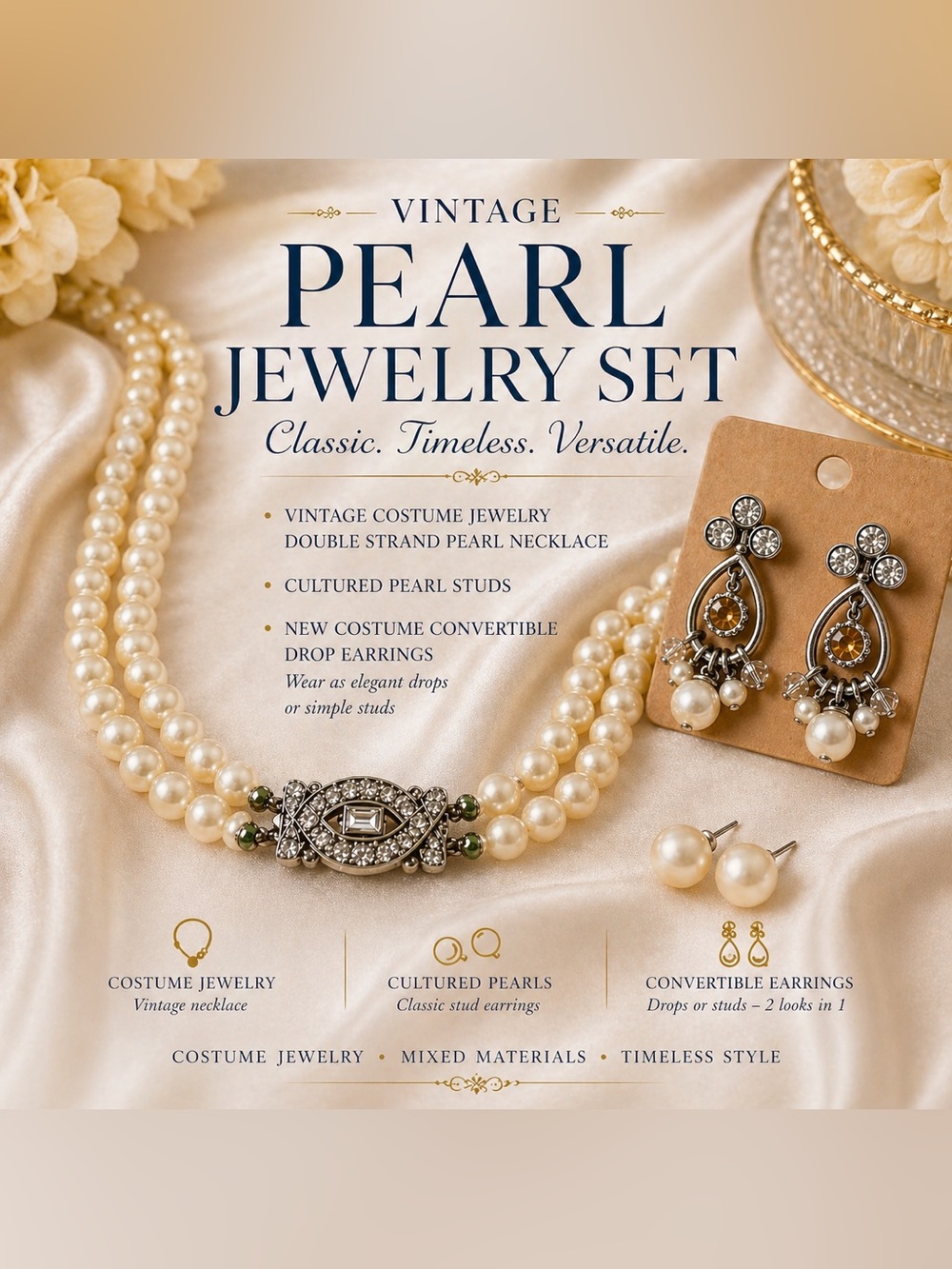Vintage Pearl Necklace Set + Convertible Earrings | Cultured Pearl Studs